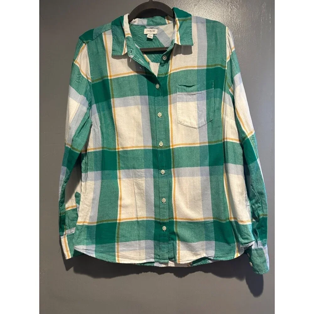 J.Crew Plaid Shirt Women L Green White Cotton Button Up Long Sleeve Preppy